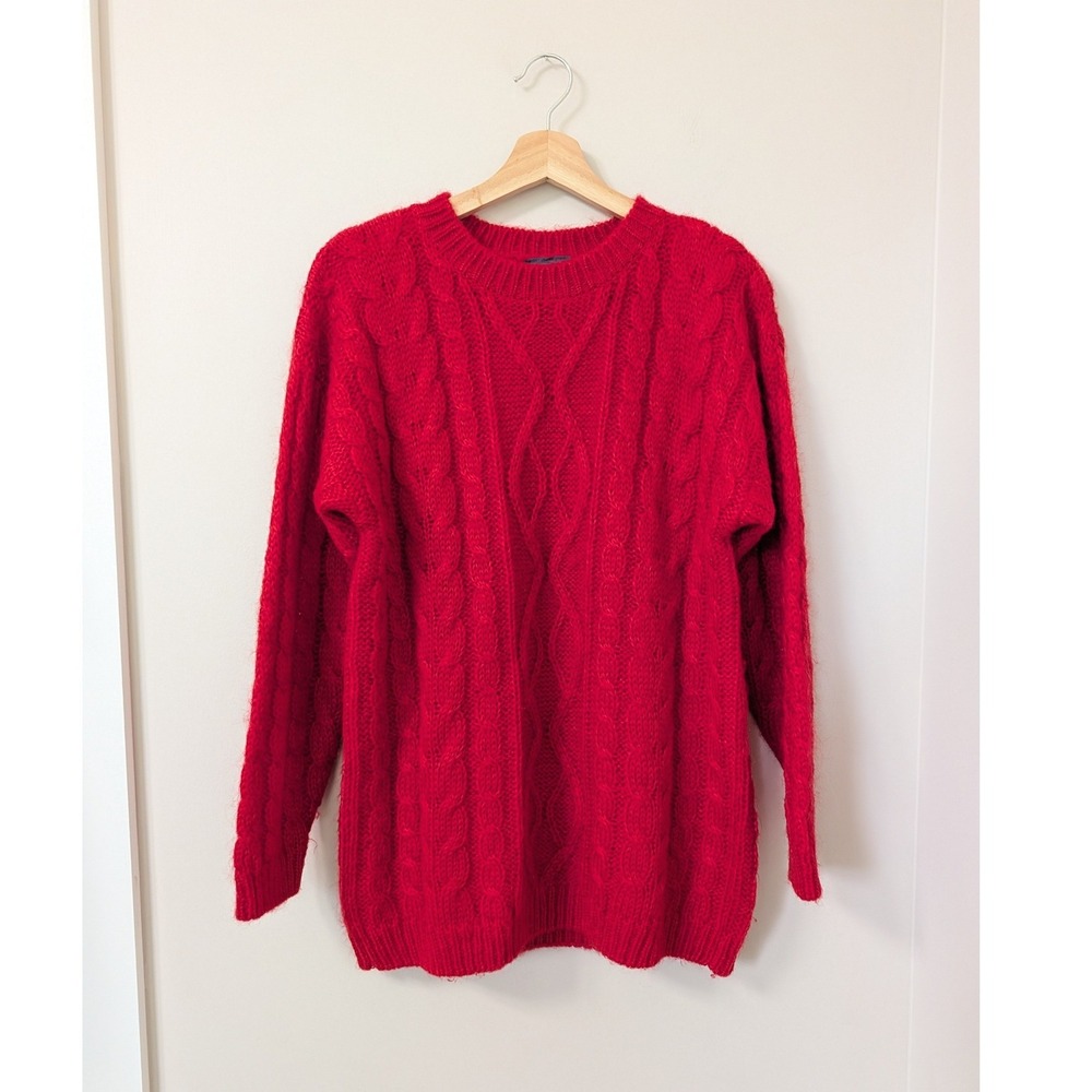 Vintage Red Mohair Blend Cable Knit Sweater Small Fisherman Cozy